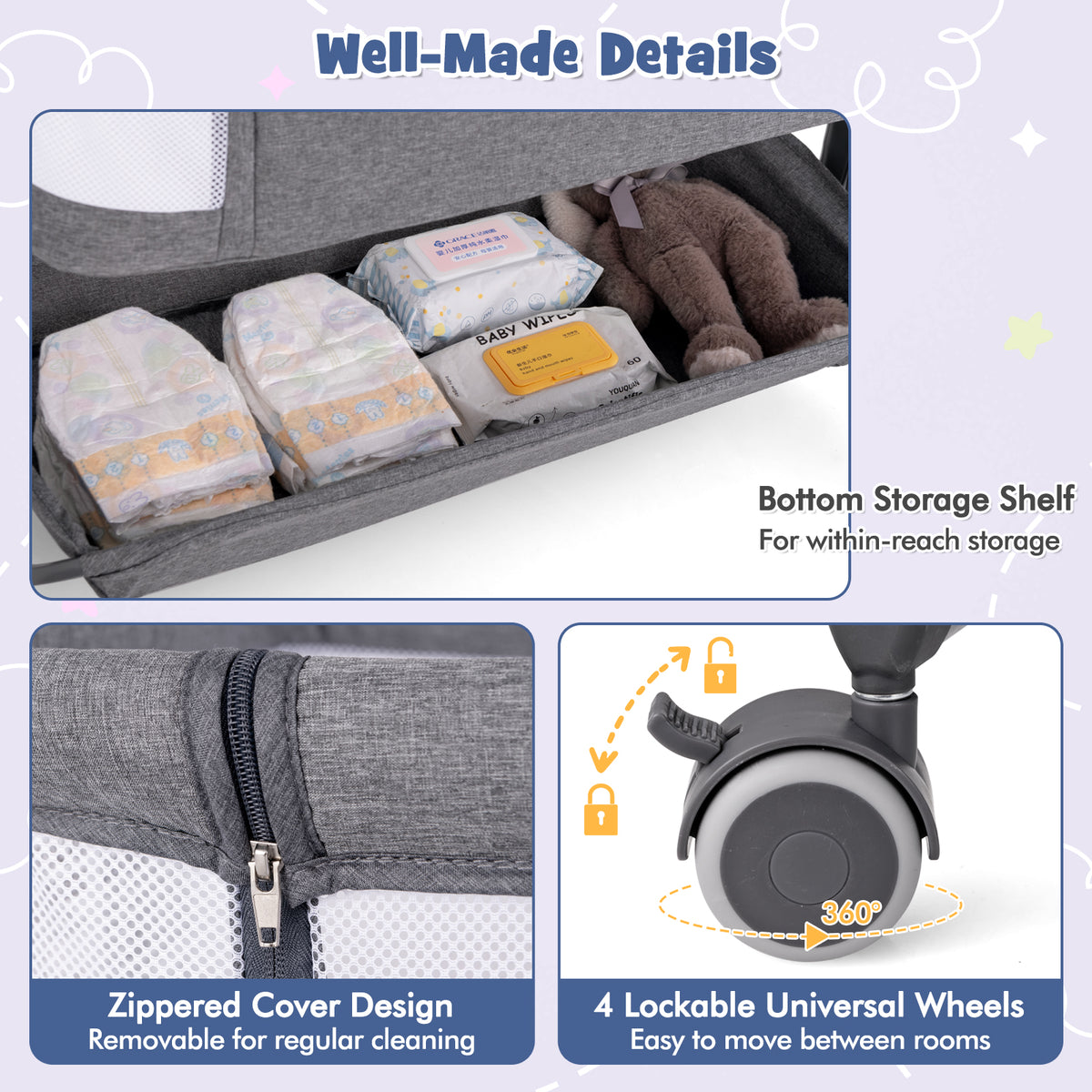 Baby Bassinet Bedside Sleeper Gray with 6-Level Adjustable Height - Style B