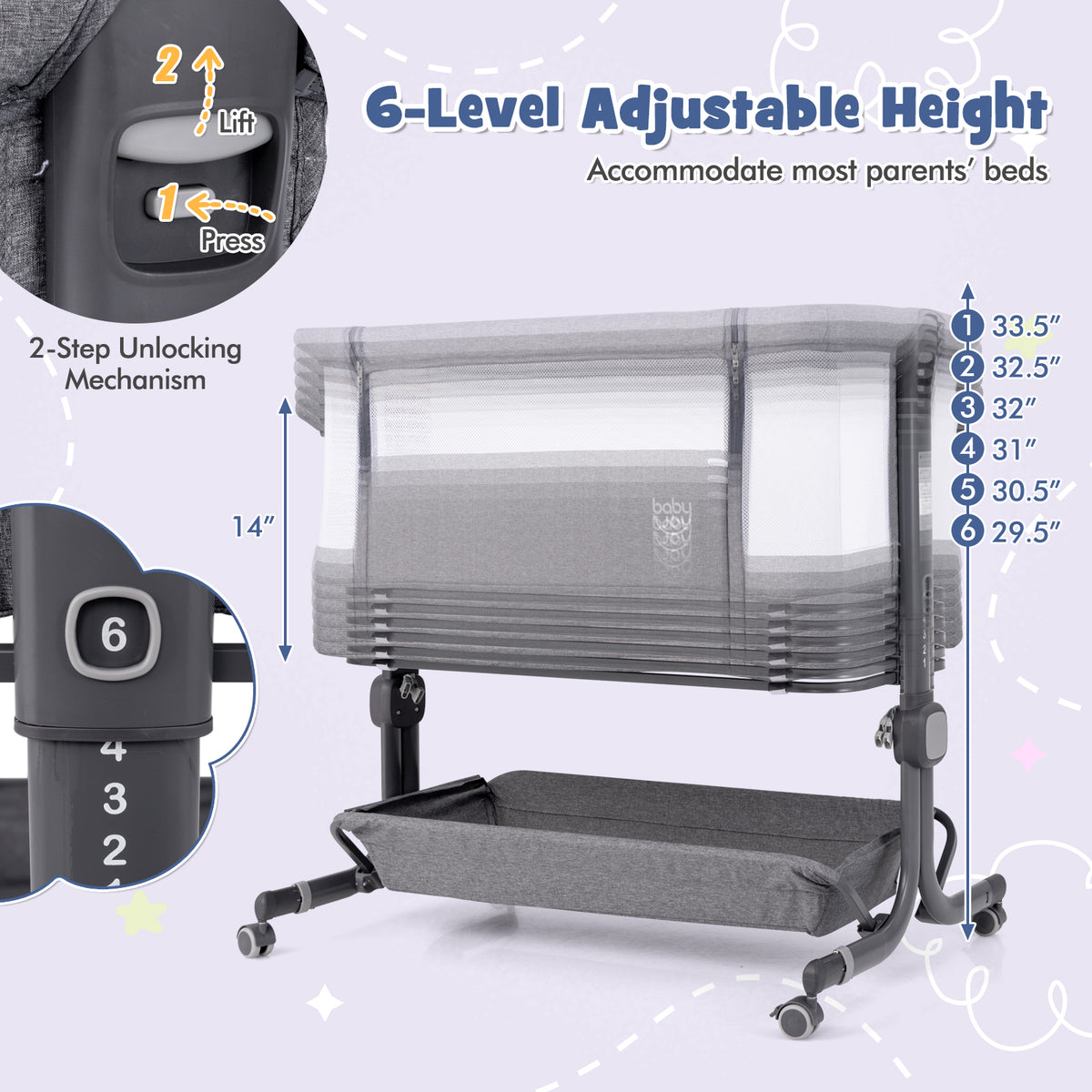 Baby Bassinet Bedside Sleeper Gray with 6-Level Adjustable Height - Style B