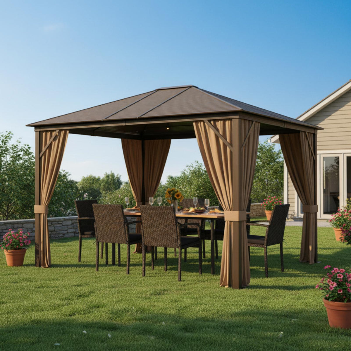 Backyard Retreat Pro Set: All-Weather Gazebo and Dining Combo for
