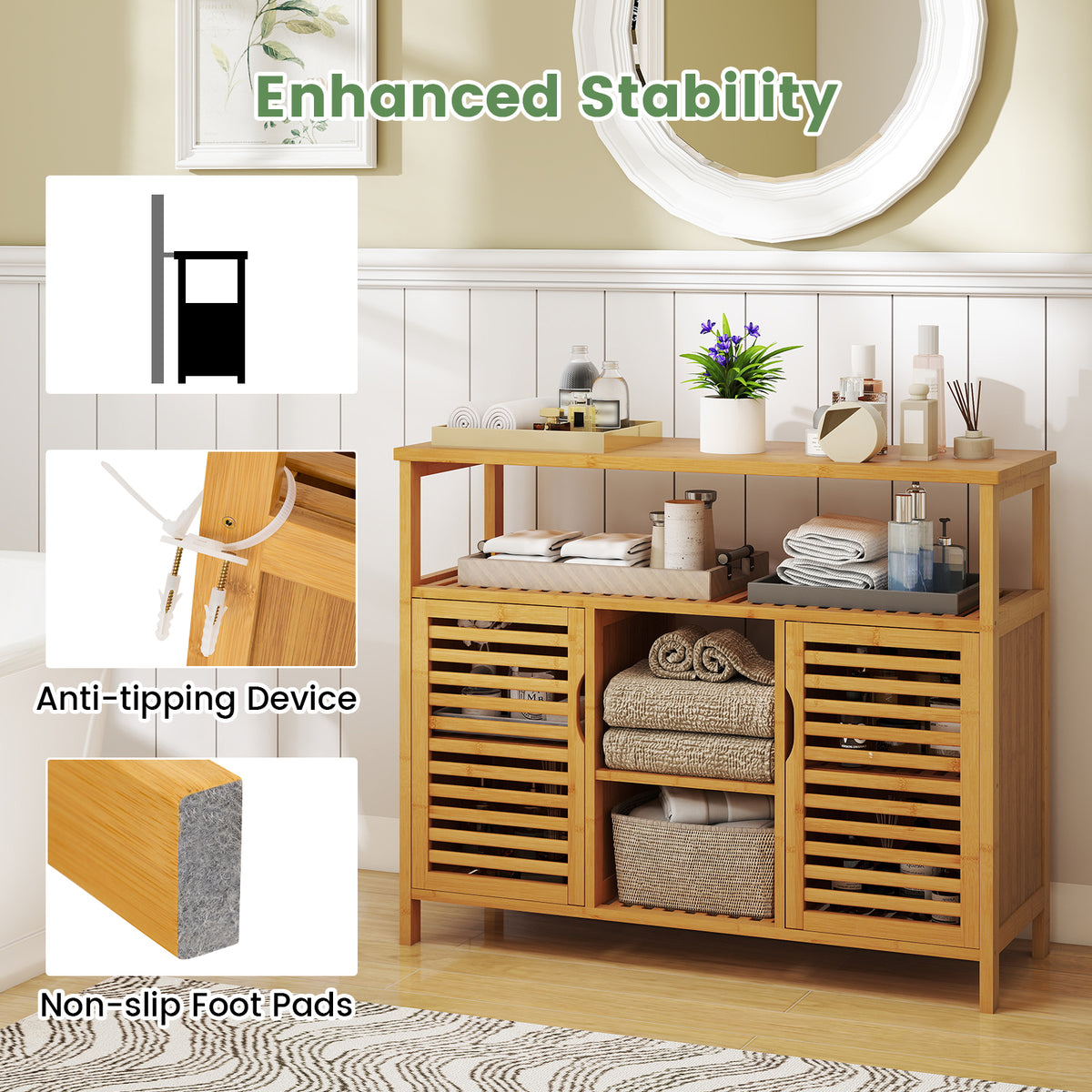 Bamboo Bathroom Cabinet with Shelves and Doors