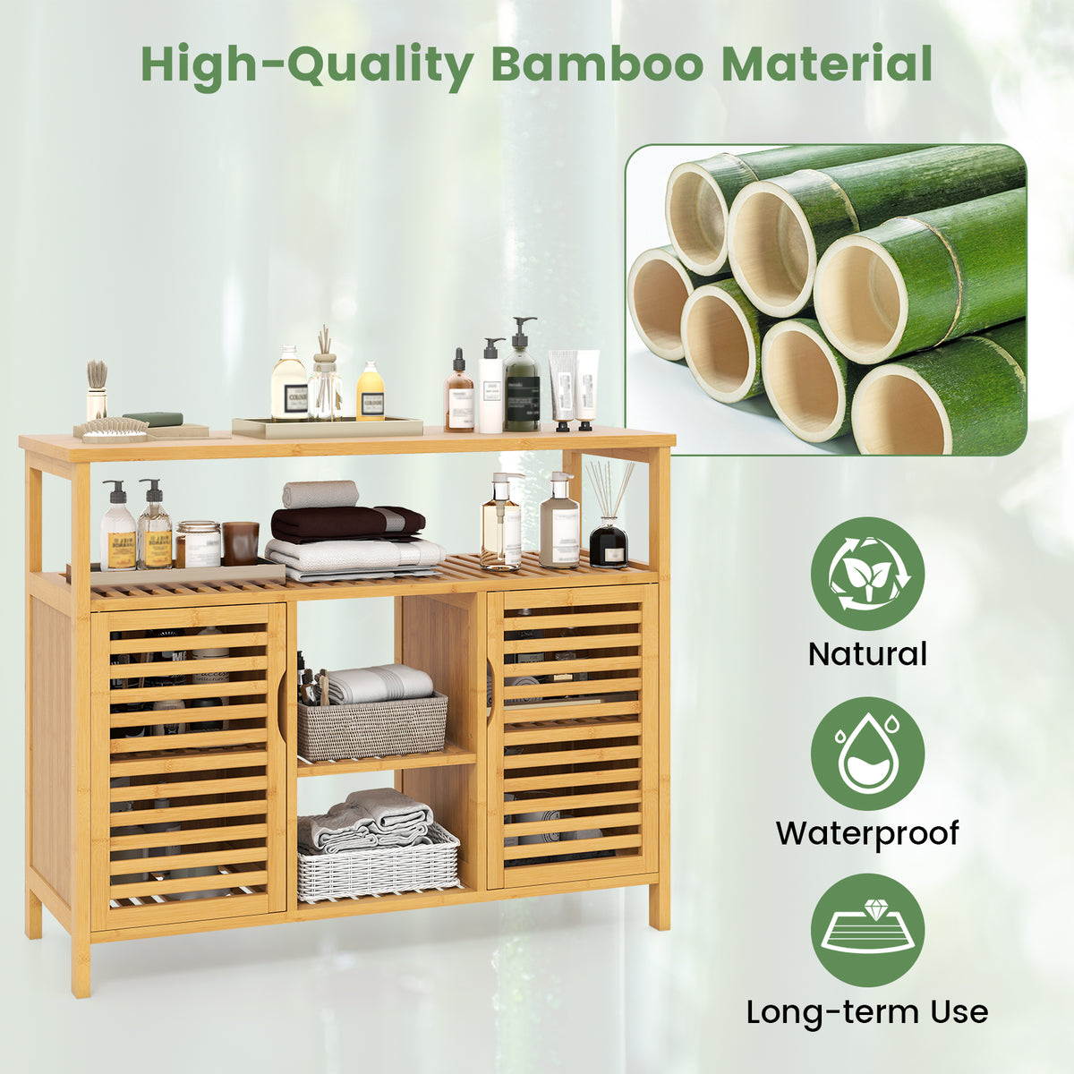 Bamboo Bathroom Cabinet with Shelves and Doors