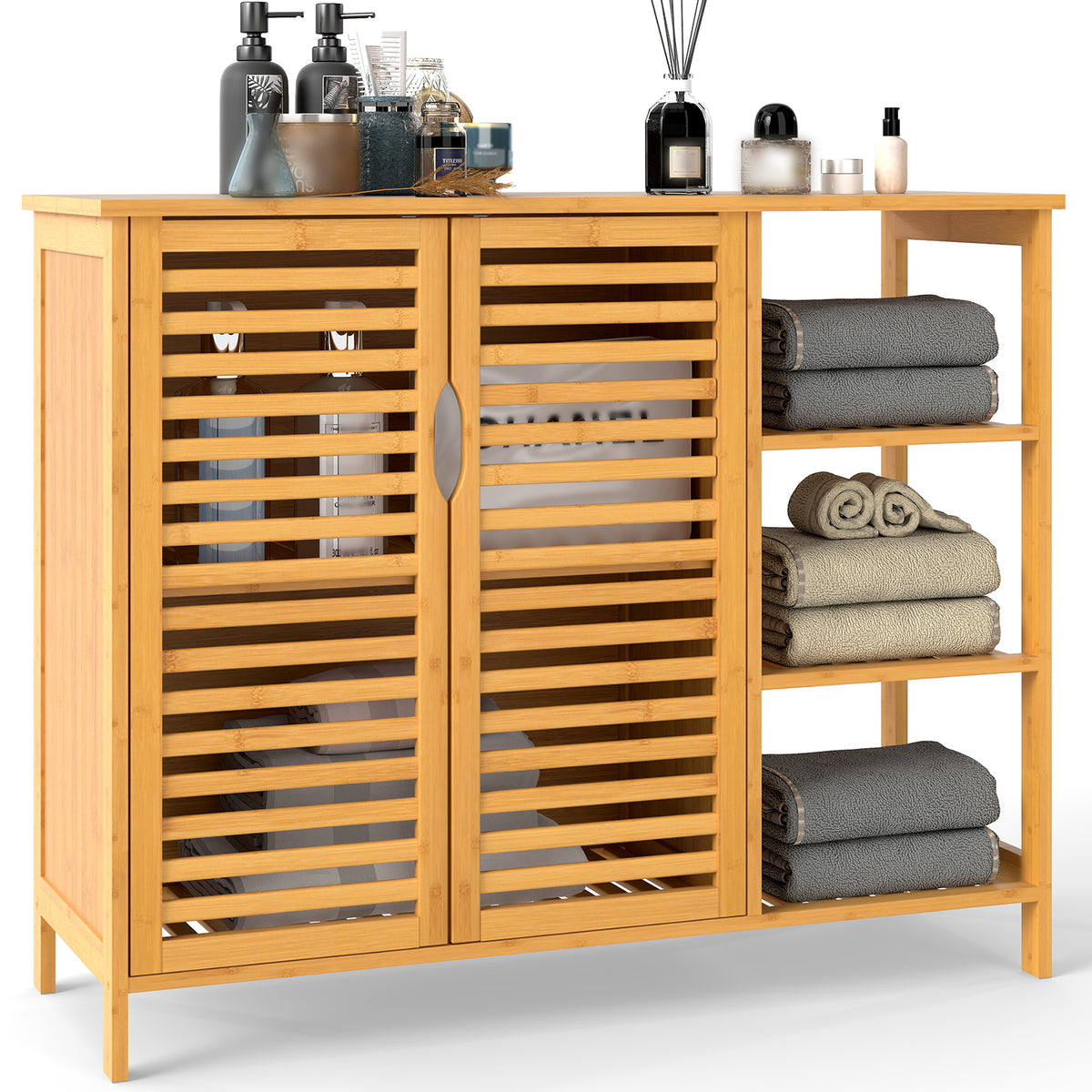 Bamboo Bathroom Cabinet 2-Door Storage with Shelves - 31.5-inch H