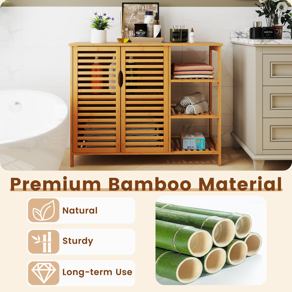 Bamboo Bathroom Cabinet 2-Door Storage with Shelves - 31.5-inch H