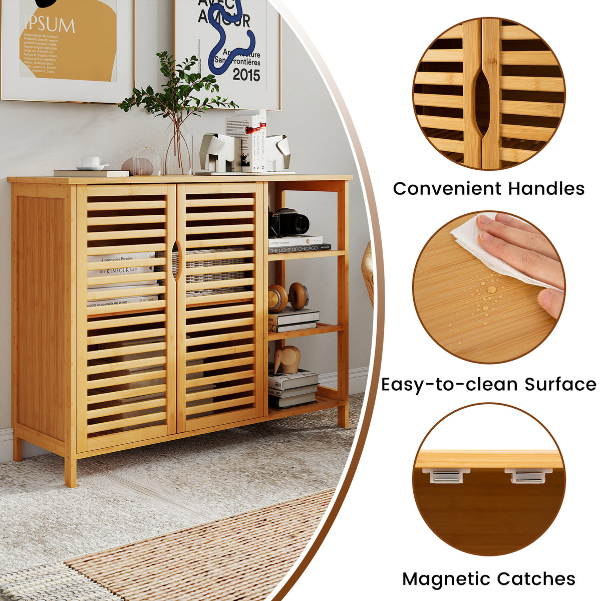 Bamboo Bathroom Cabinet 2-Door Storage with Shelves - 31.5-inch H