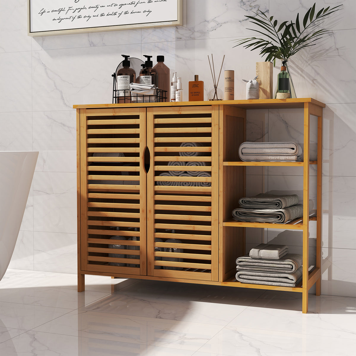 Bamboo Bathroom Cabinet 2-Door Storage with Shelves - 31.5-inch H
