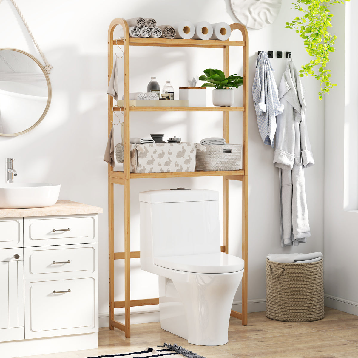 3-Tier Bamboo Bathroom Organizer with Hooks - Natural