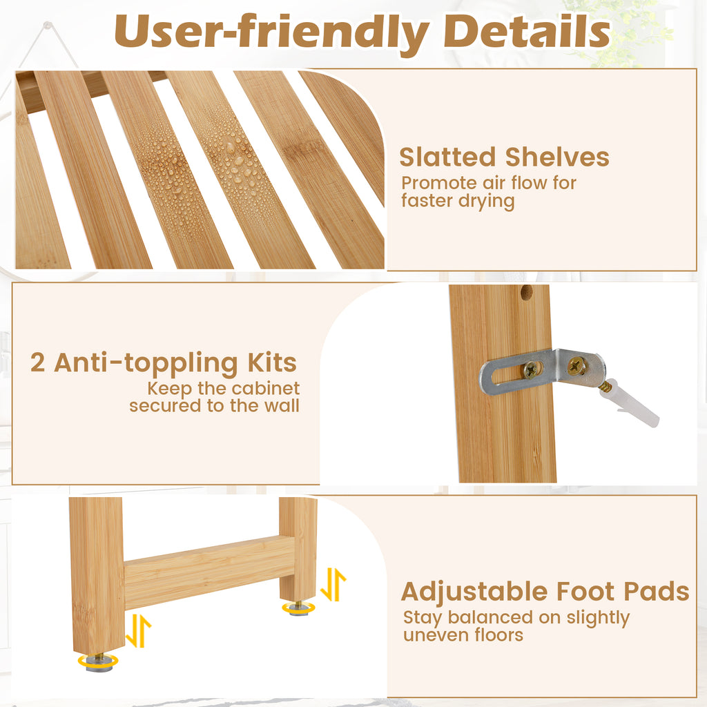 3-Tier Bamboo Bathroom Organizer with Hooks - Natural