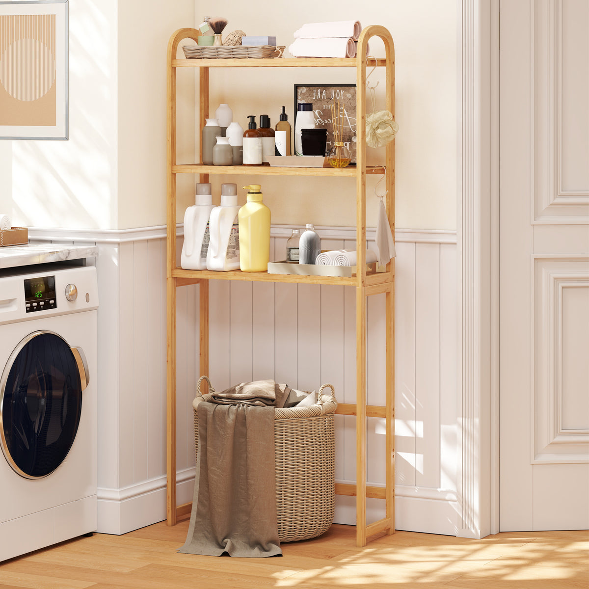 3-Tier Bamboo Bathroom Organizer with Hooks - Natural