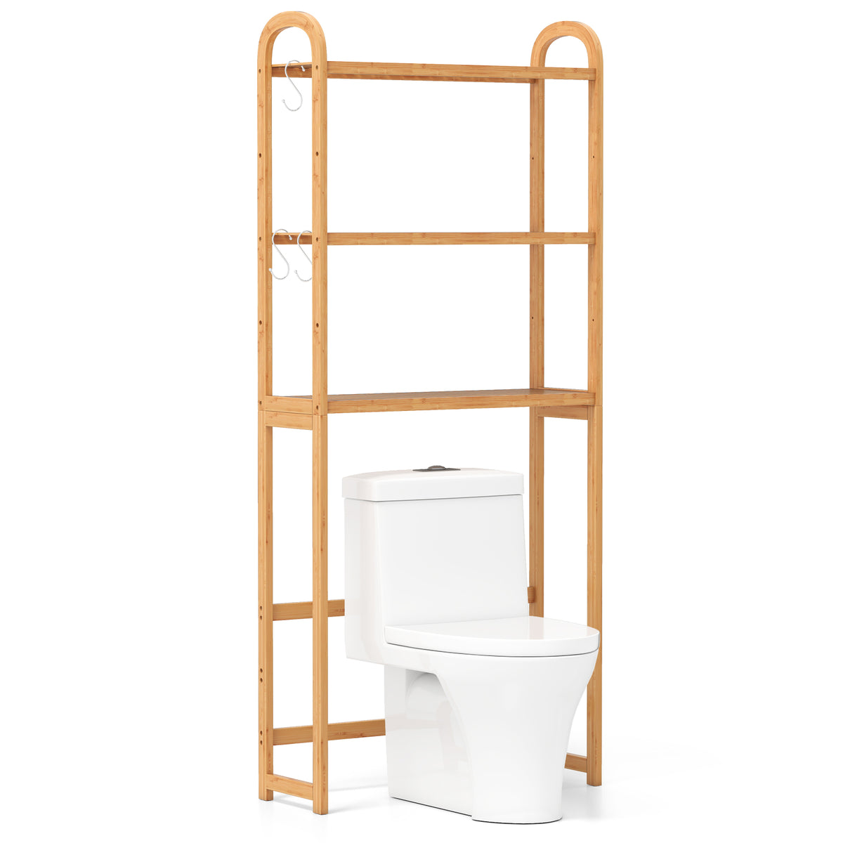 3-Tier Bamboo Bathroom Organizer with Hooks - Natural