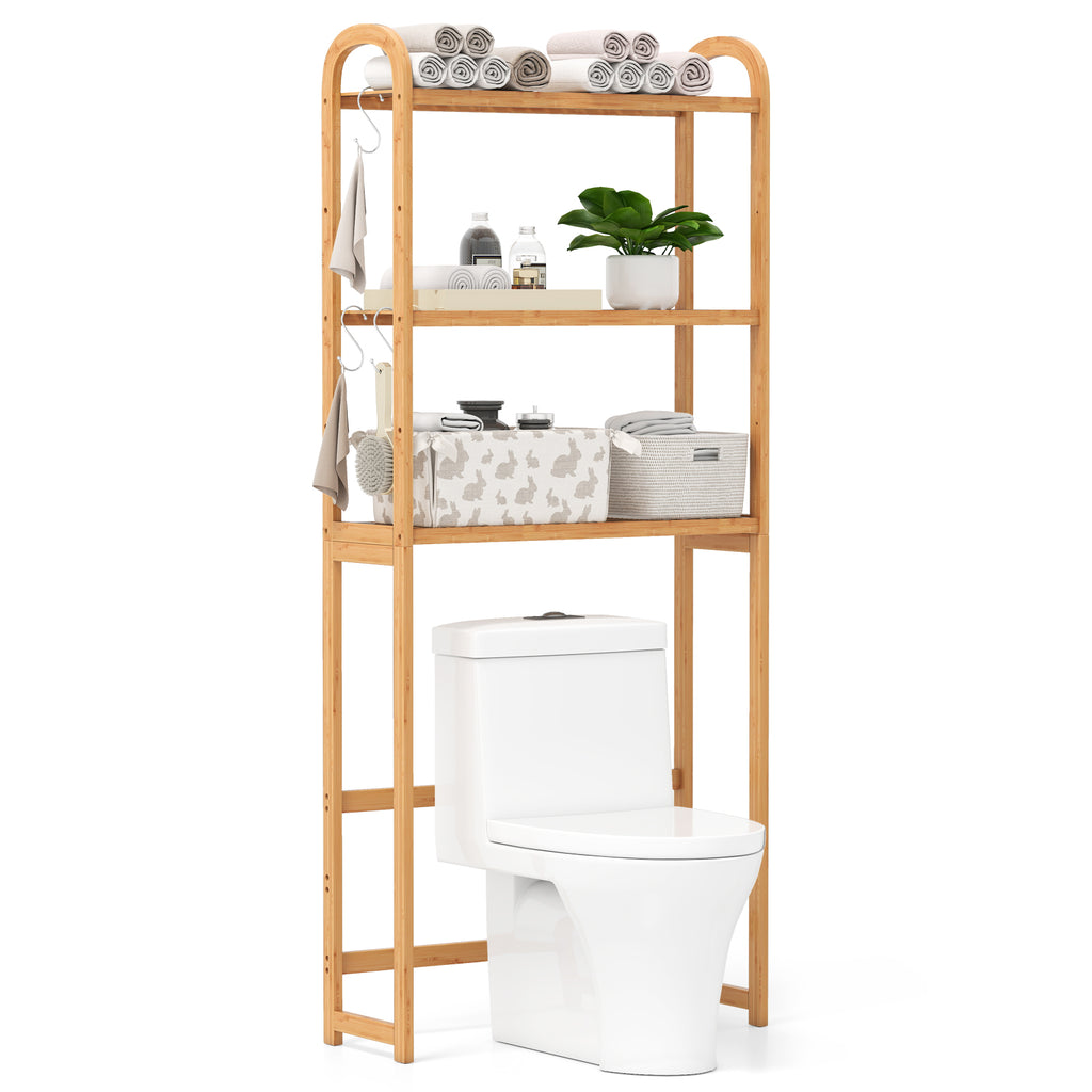 3-Tier Bamboo Bathroom Organizer with Hooks - Natural