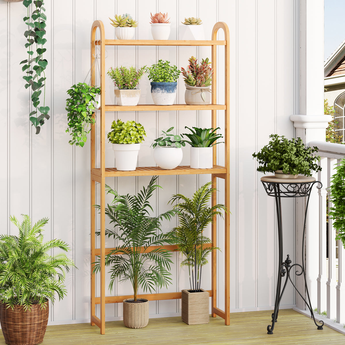 3-Tier Bamboo Bathroom Organizer with Hooks - Natural
