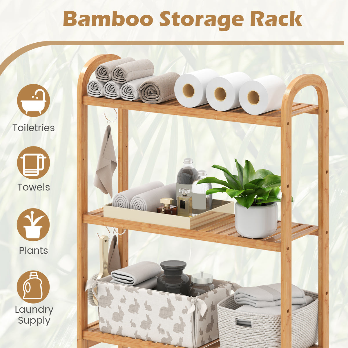 3-Tier Bamboo Bathroom Organizer with Hooks - Natural