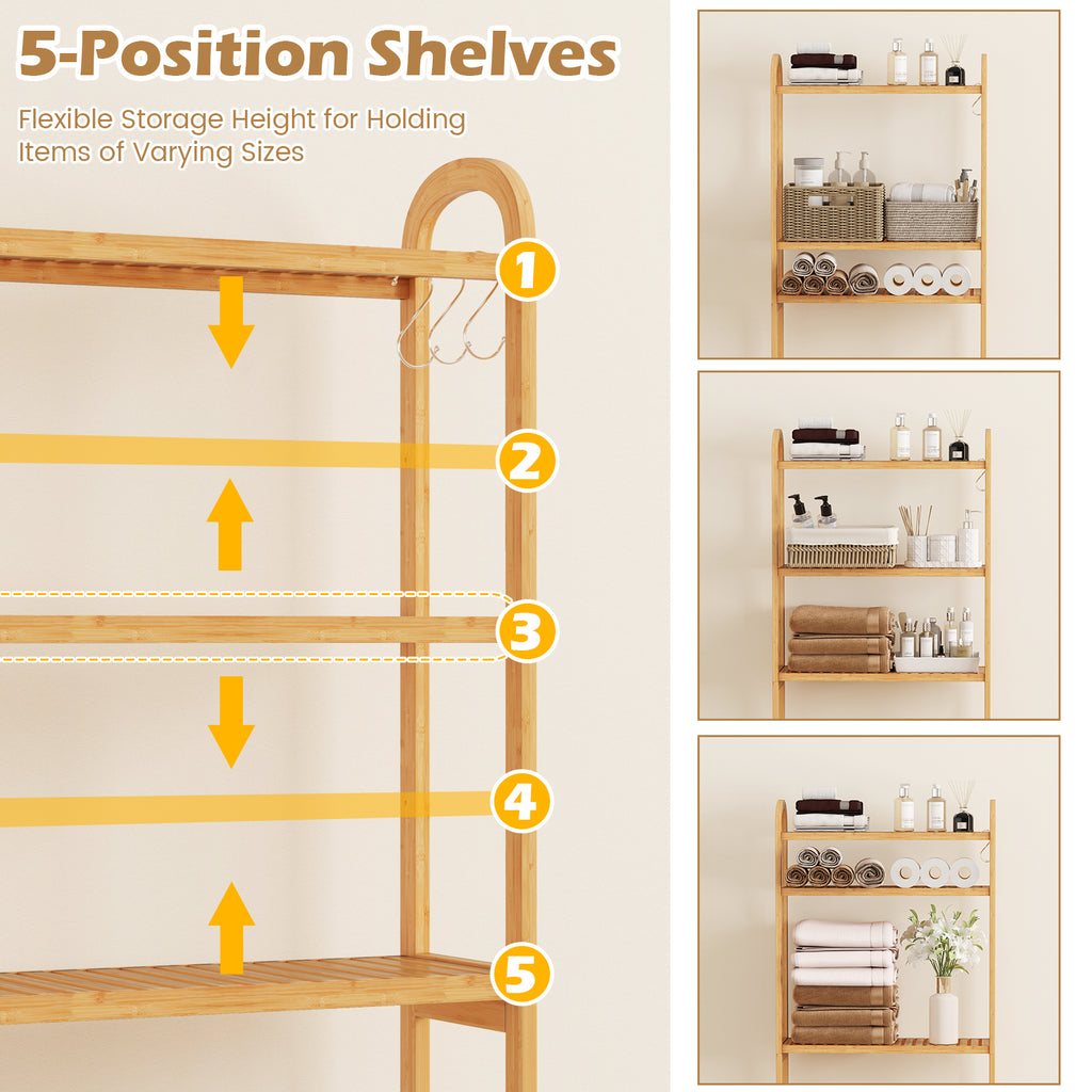 3-Tier Bamboo Bathroom Organizer with Hooks - Natural