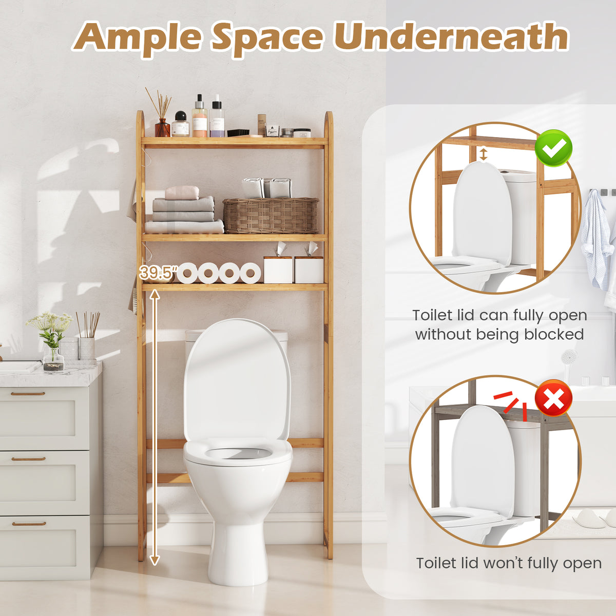 3-Tier Bamboo Bathroom Organizer with Hooks - Natural