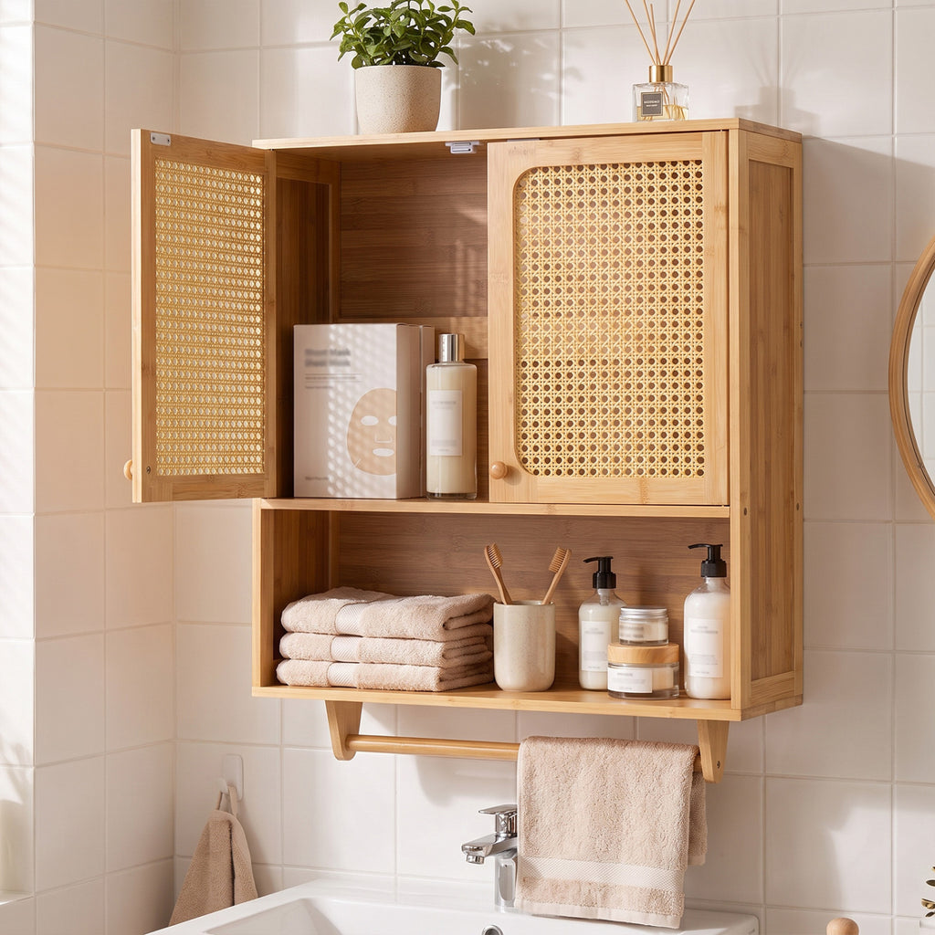 Bamboo Wall Bathroom Cabinet with Towel Rack & Ventilated Doors - Natural, Variation of Wall Cabinet with Open Compartment & Towel Rack