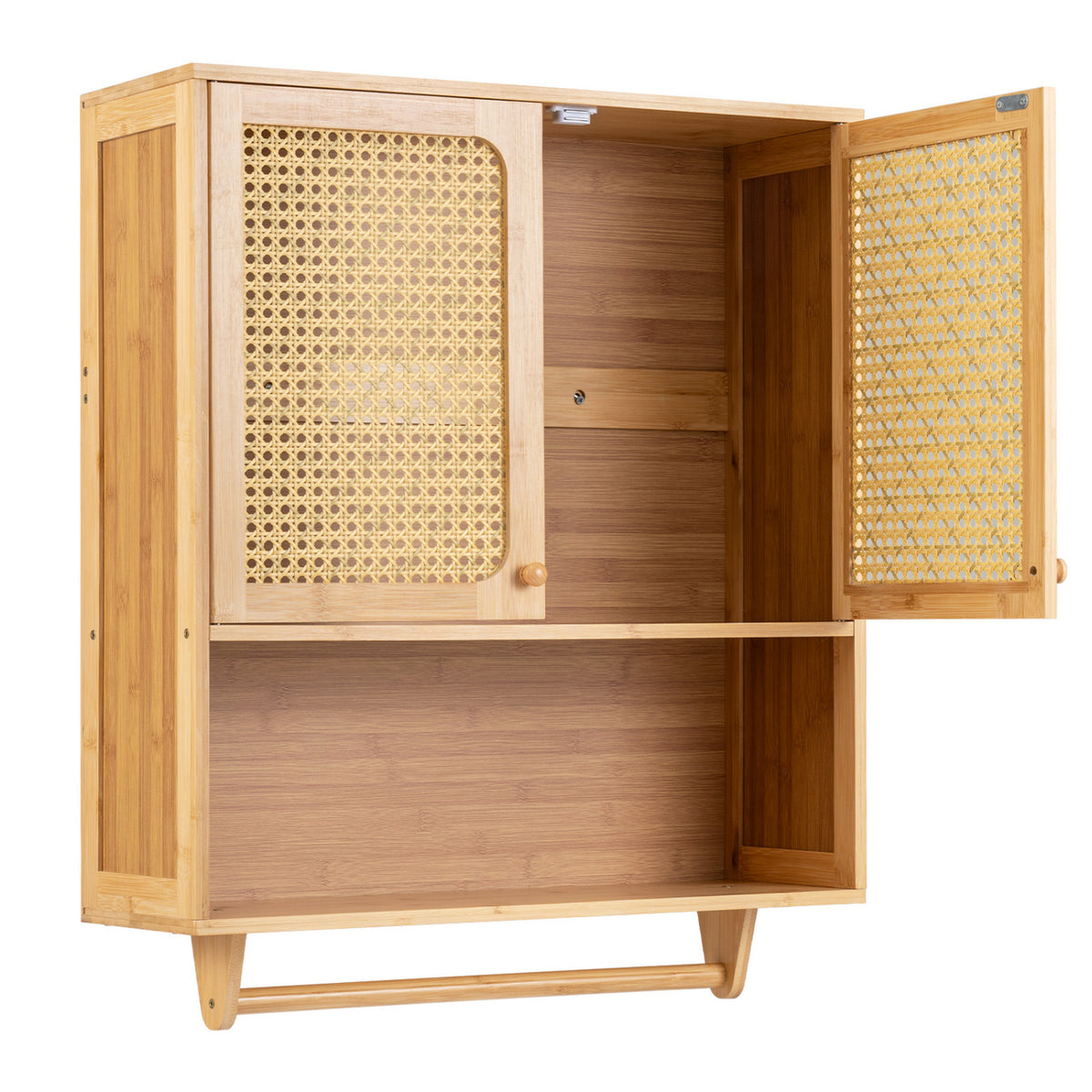 Bamboo Wall Bathroom Cabinet with Towel Rack & Ventilated Doors - Natural, Variation of Wall Cabinet with Open Compartment & Towel Rack