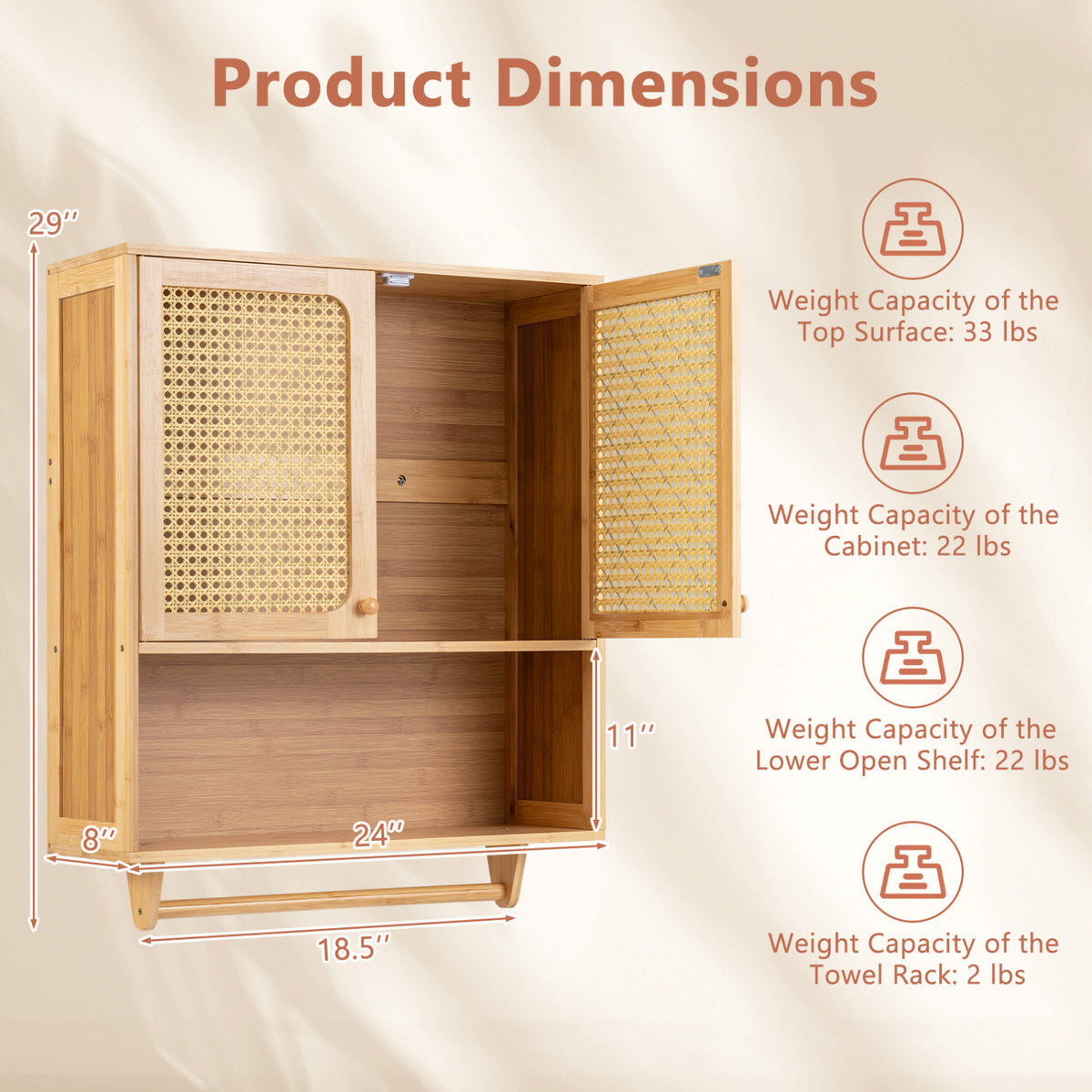 Bamboo Wall Bathroom Cabinet with Towel Rack & Ventilated Doors - Natural, Variation of Wall Cabinet with Open Compartment & Towel Rack