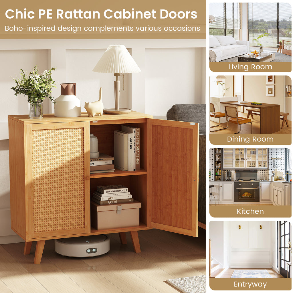Bamboo Buffet Storage Cabinet with PE Rattan Doors - Natural
