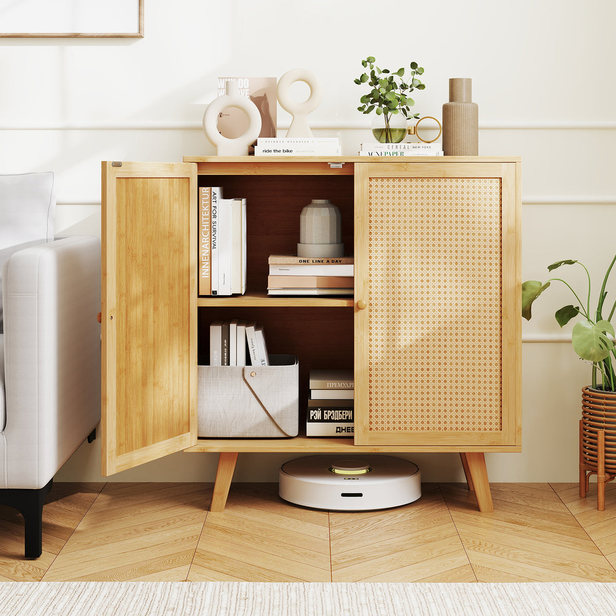 Bamboo Buffet Storage Cabinet with PE Rattan Doors - Natural