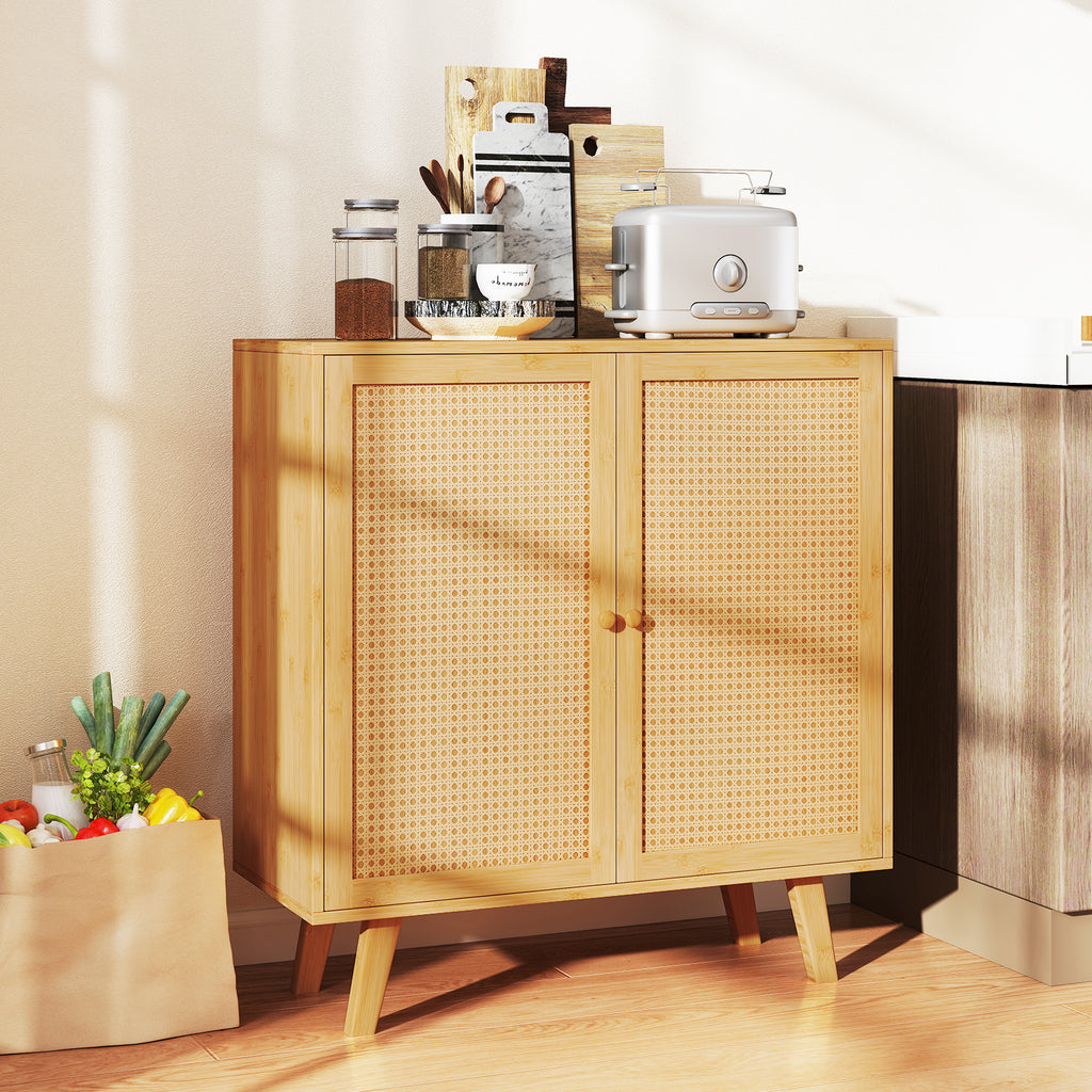 Bamboo Buffet Storage Cabinet with PE Rattan Doors - Natural