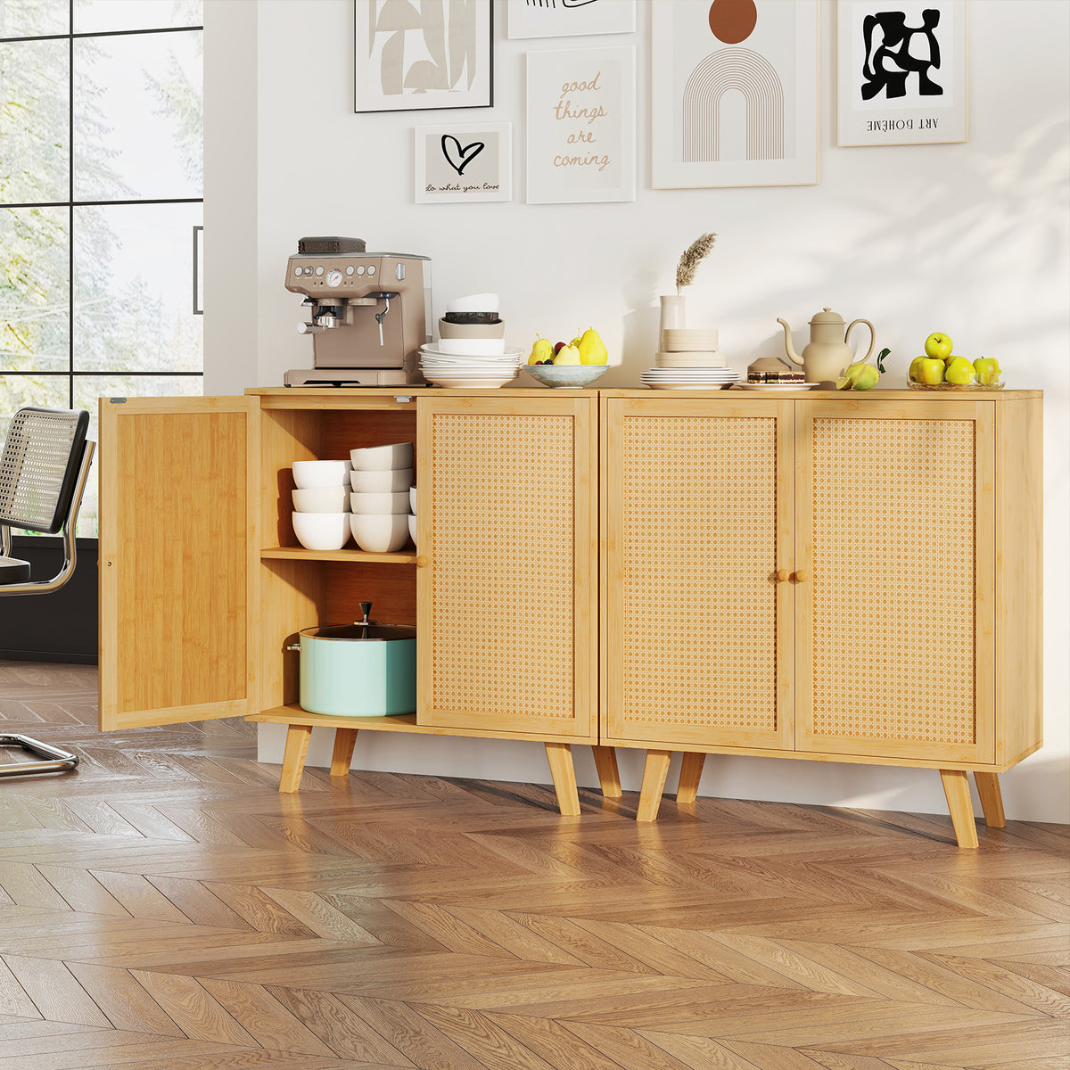 Bamboo Buffet Storage Cabinet with PE Rattan Doors - Natural