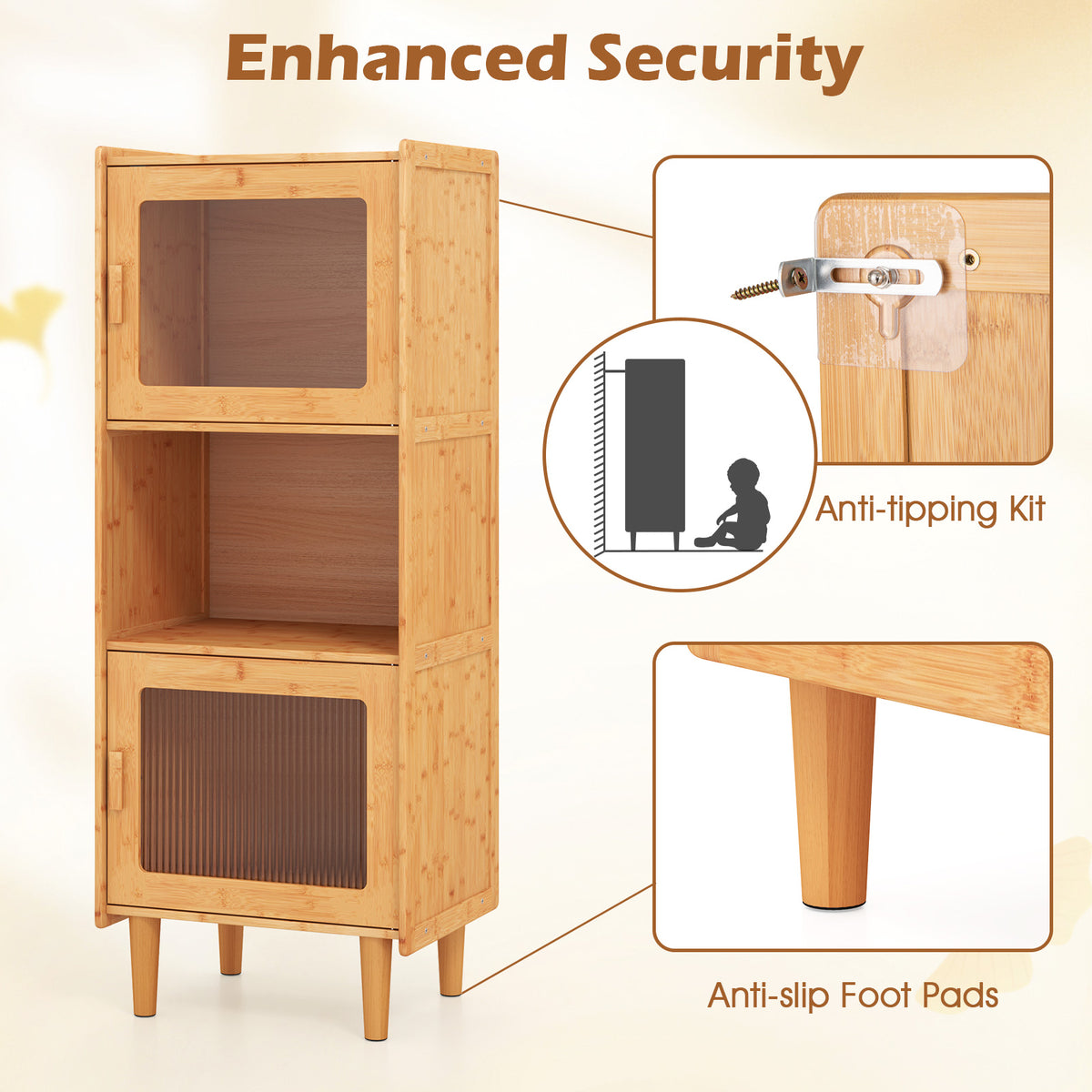 3-Cube Bamboo Storage Cabinet with Acrylic Doors - Natural