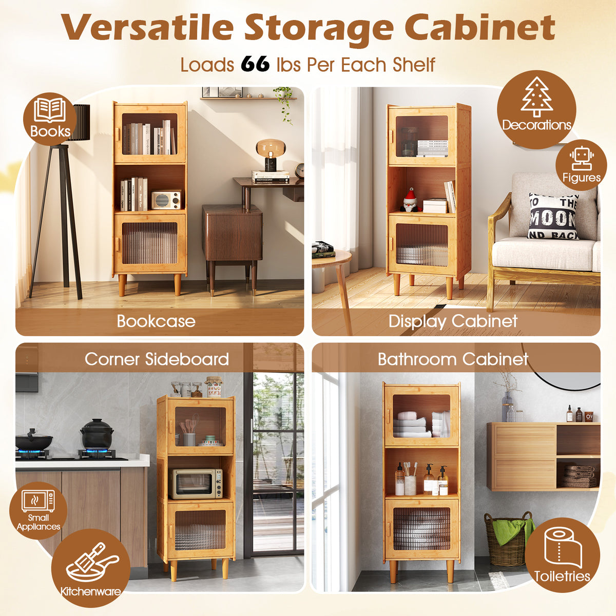 3-Cube Bamboo Storage Cabinet with Acrylic Doors - Natural