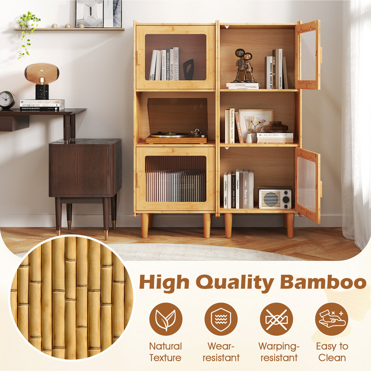 3-Cube Bamboo Storage Cabinet with Acrylic Doors - Natural