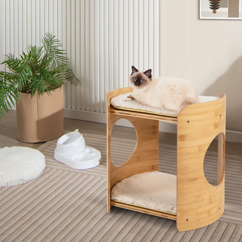 2-Tier Small Cat Tree with Natural Bamboo Frame - Beige, Cute & Stable