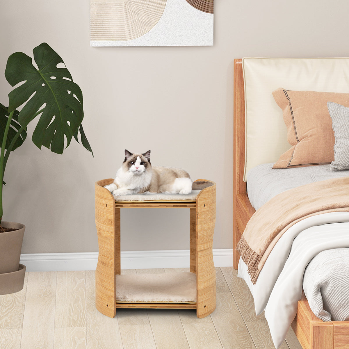 2-Tier Small Cat Tree with Natural Bamboo Frame - Beige, Cute & Stable