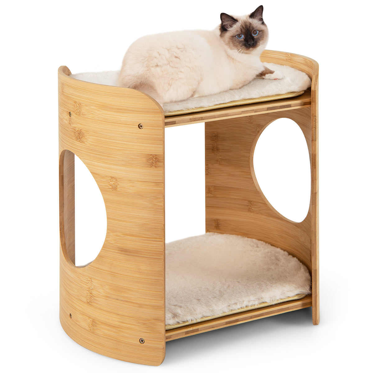 2-Tier Small Cat Tree with Natural Bamboo Frame - Beige, Cute & Stable