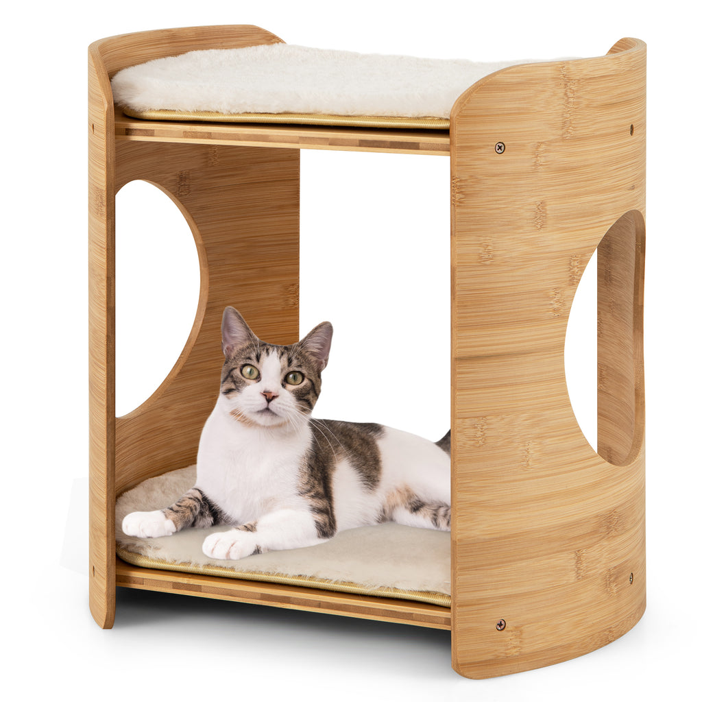2-Tier Small Cat Tree with Natural Bamboo Frame - Beige, Cute & Stable
