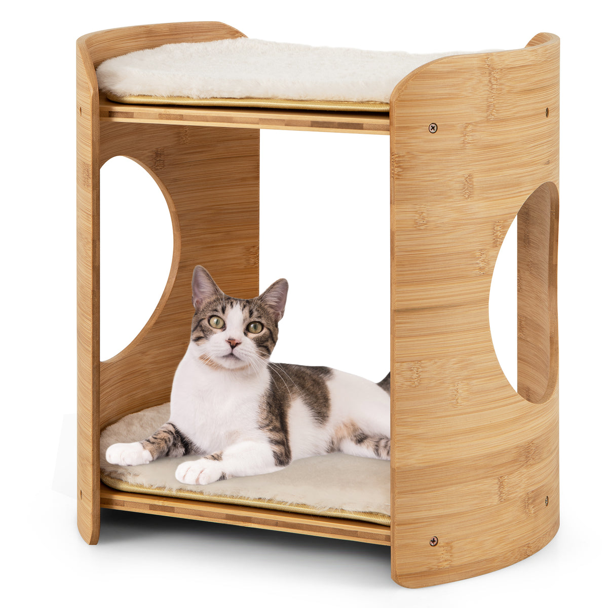 2-Tier Small Cat Tree with Natural Bamboo Frame - Beige, Cute & Stable
