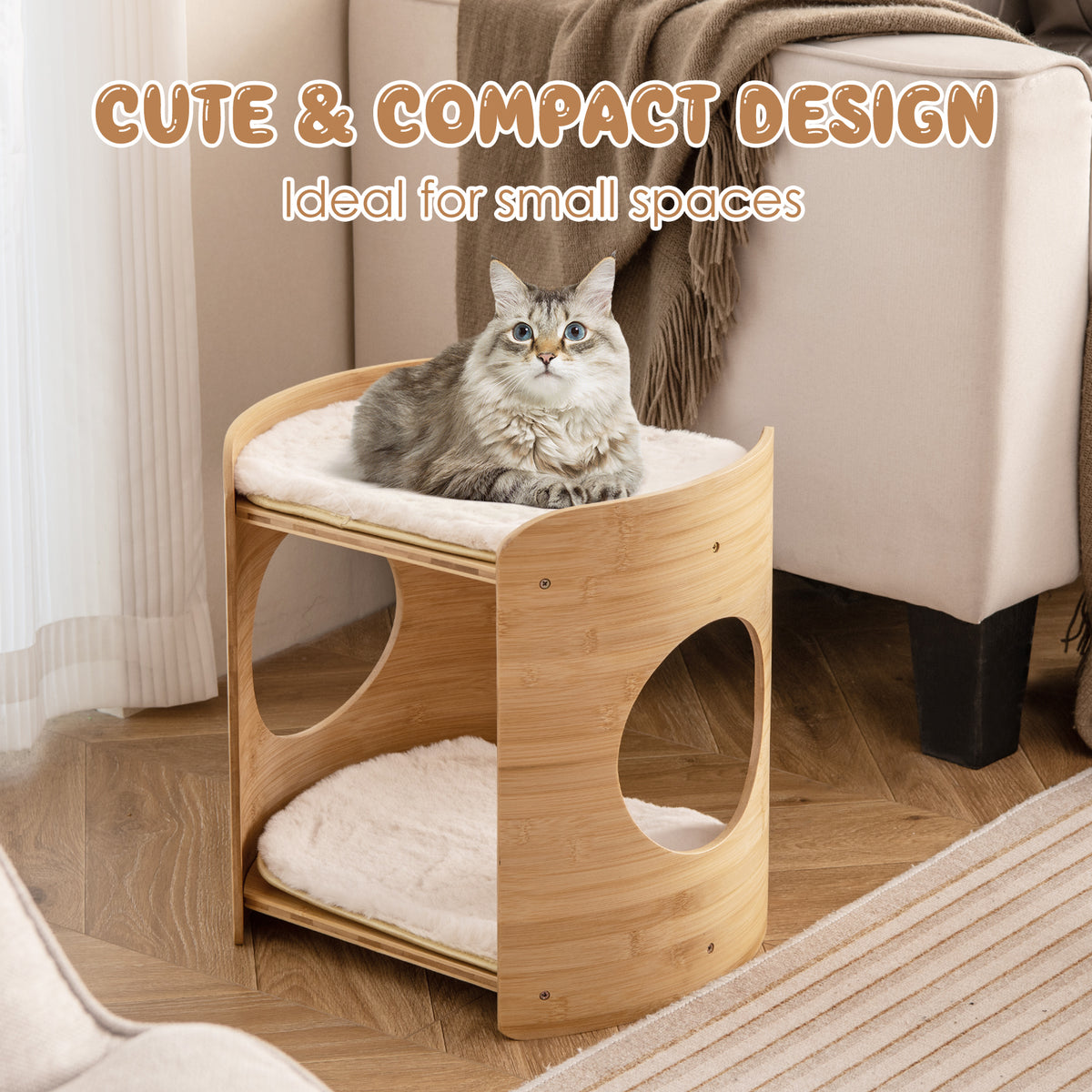 2-Tier Small Cat Tree with Natural Bamboo Frame - Beige, Cute & Stable