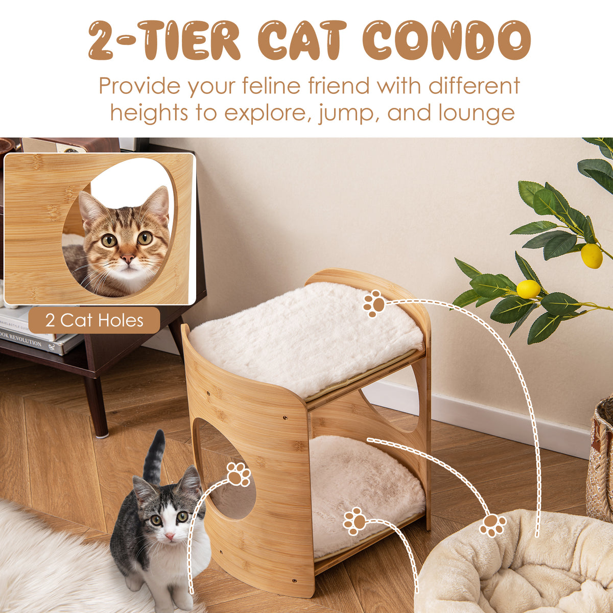 2-Tier Small Cat Tree with Natural Bamboo Frame - Beige, Cute & Stable