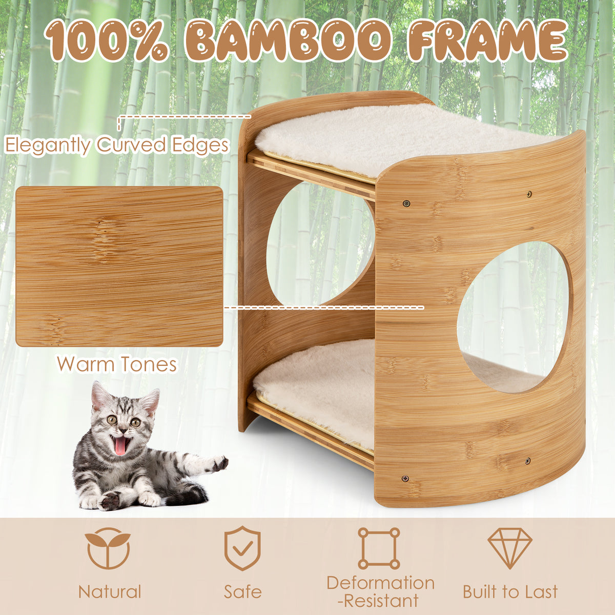 2-Tier Small Cat Tree with Natural Bamboo Frame - Beige, Cute & Stable