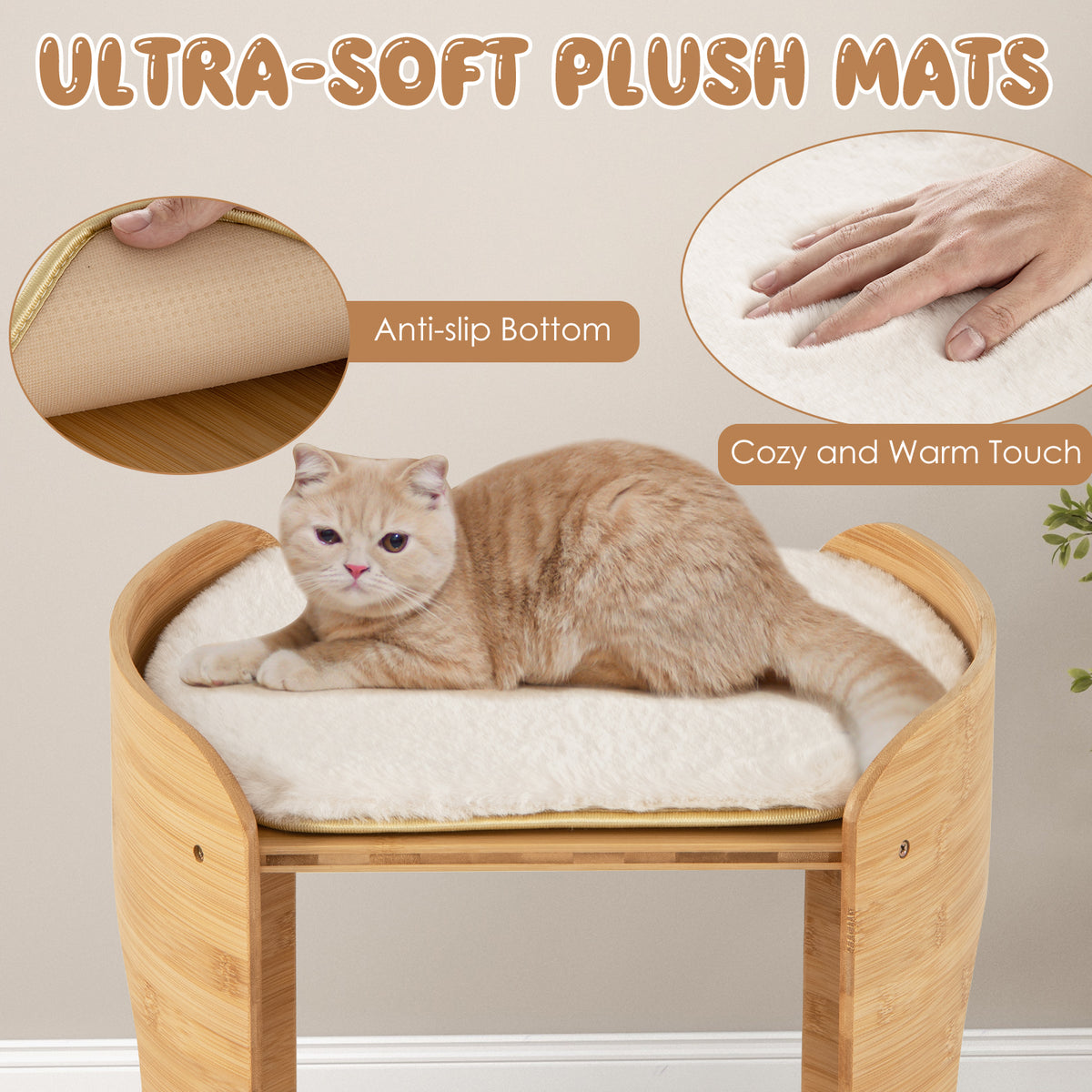 2-Tier Small Cat Tree with Natural Bamboo Frame - Beige, Cute & Stable