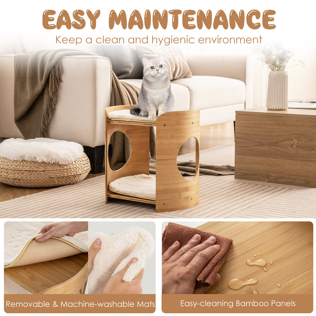 2-Tier Small Cat Tree with Natural Bamboo Frame - Beige, Cute & Stable