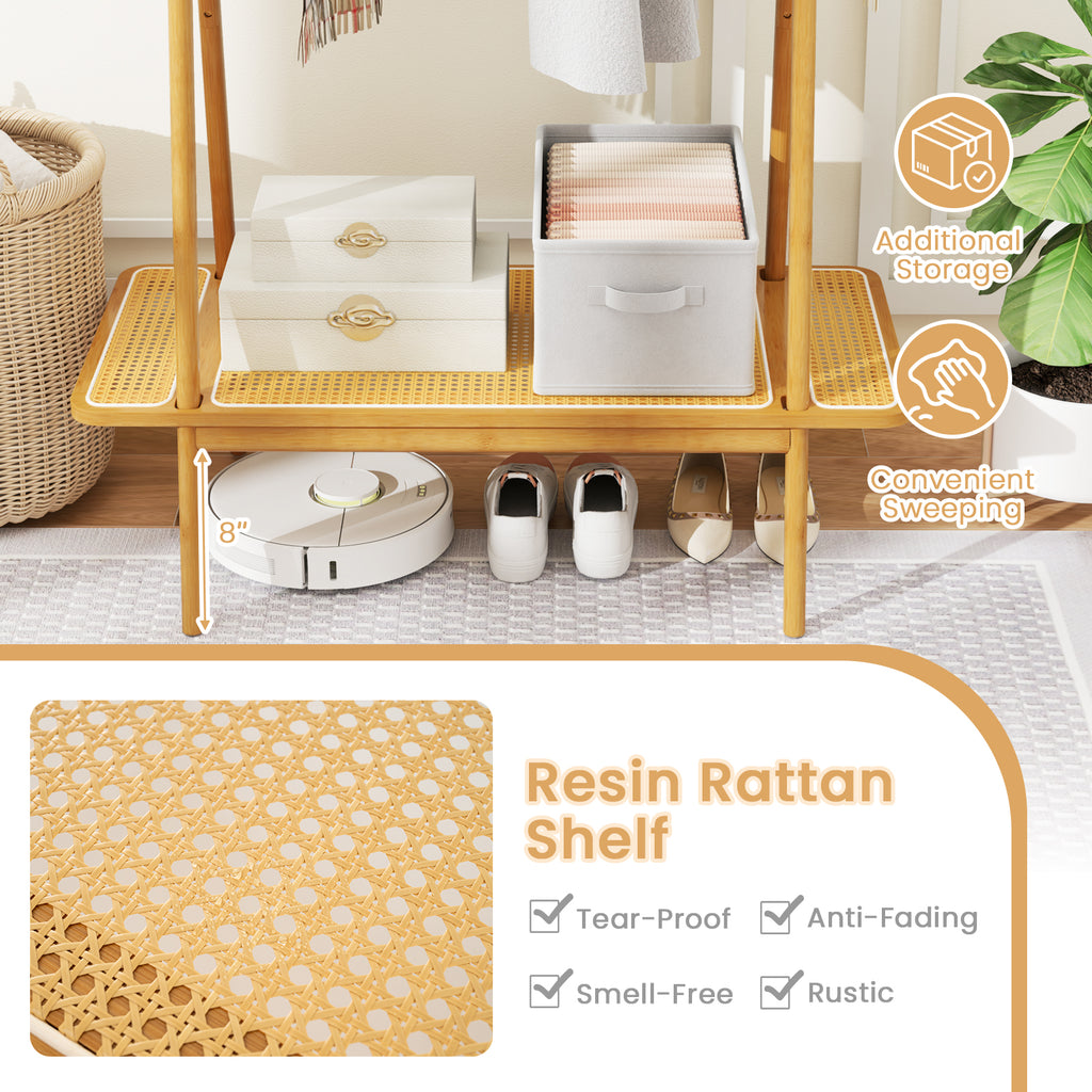 Bamboo Clothes Rack with Hanging Rod Rattan Shelf and Copper Hooks