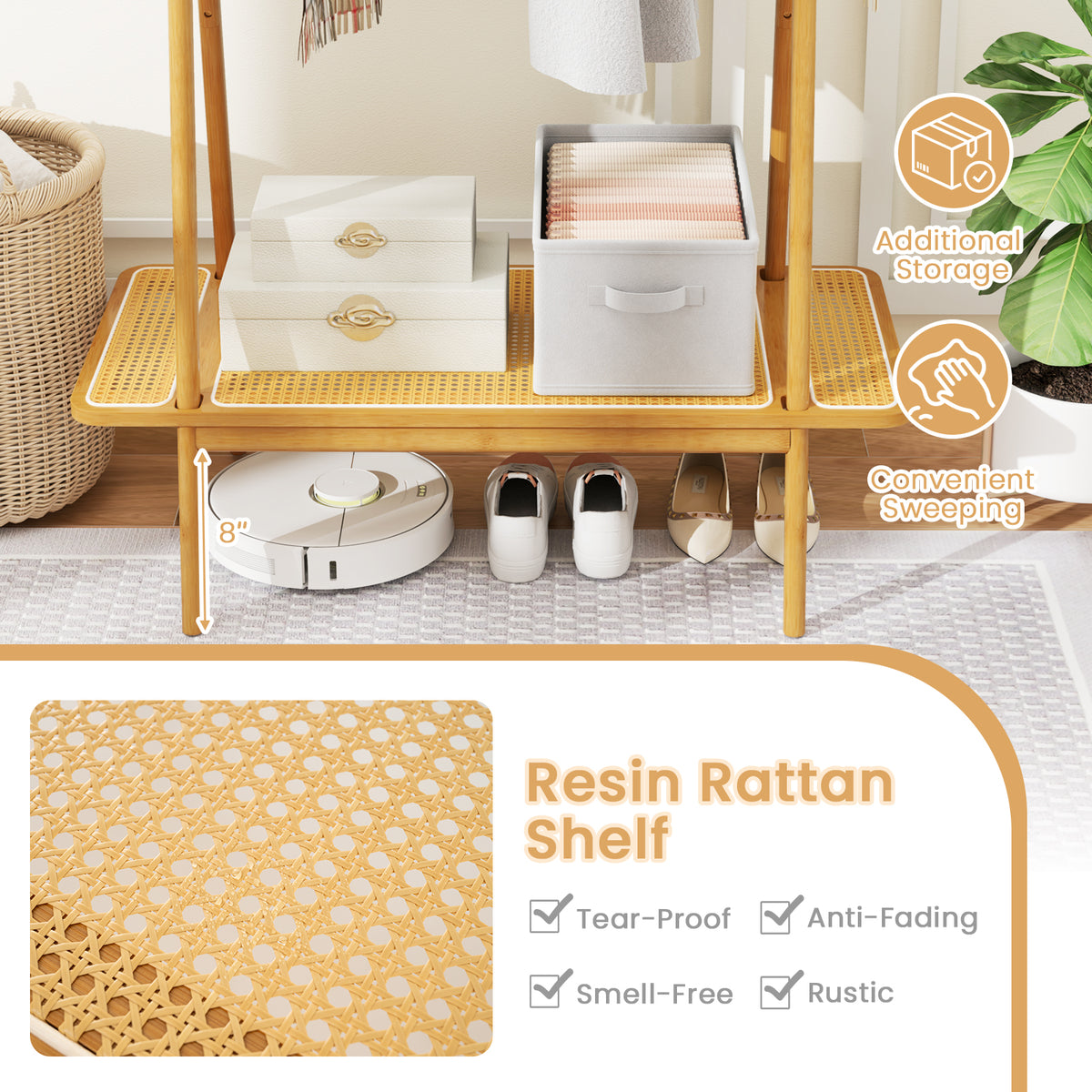 Bamboo Clothes Rack with Hanging Rod Rattan Shelf and Copper Hooks