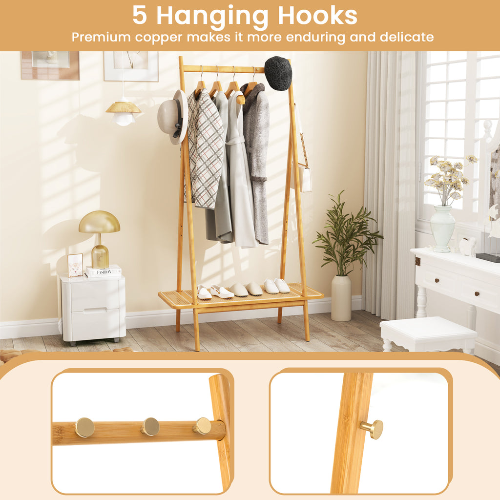 Bamboo Clothes Rack with Hanging Rod Rattan Shelf and Copper Hooks