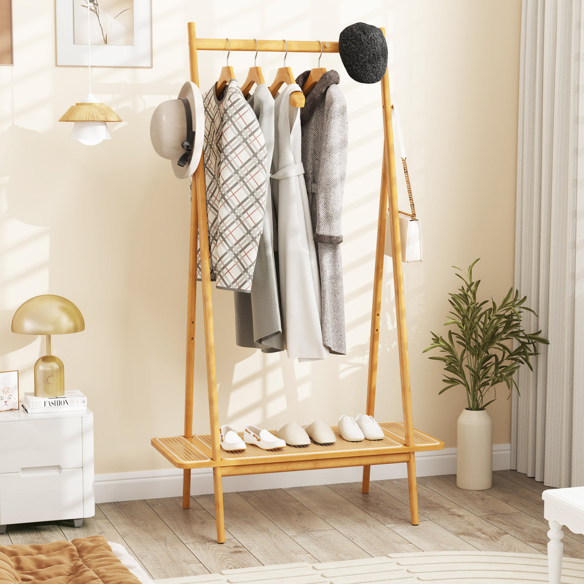 Bamboo Clothes Rack with Hanging Rod Rattan Shelf and Copper Hooks