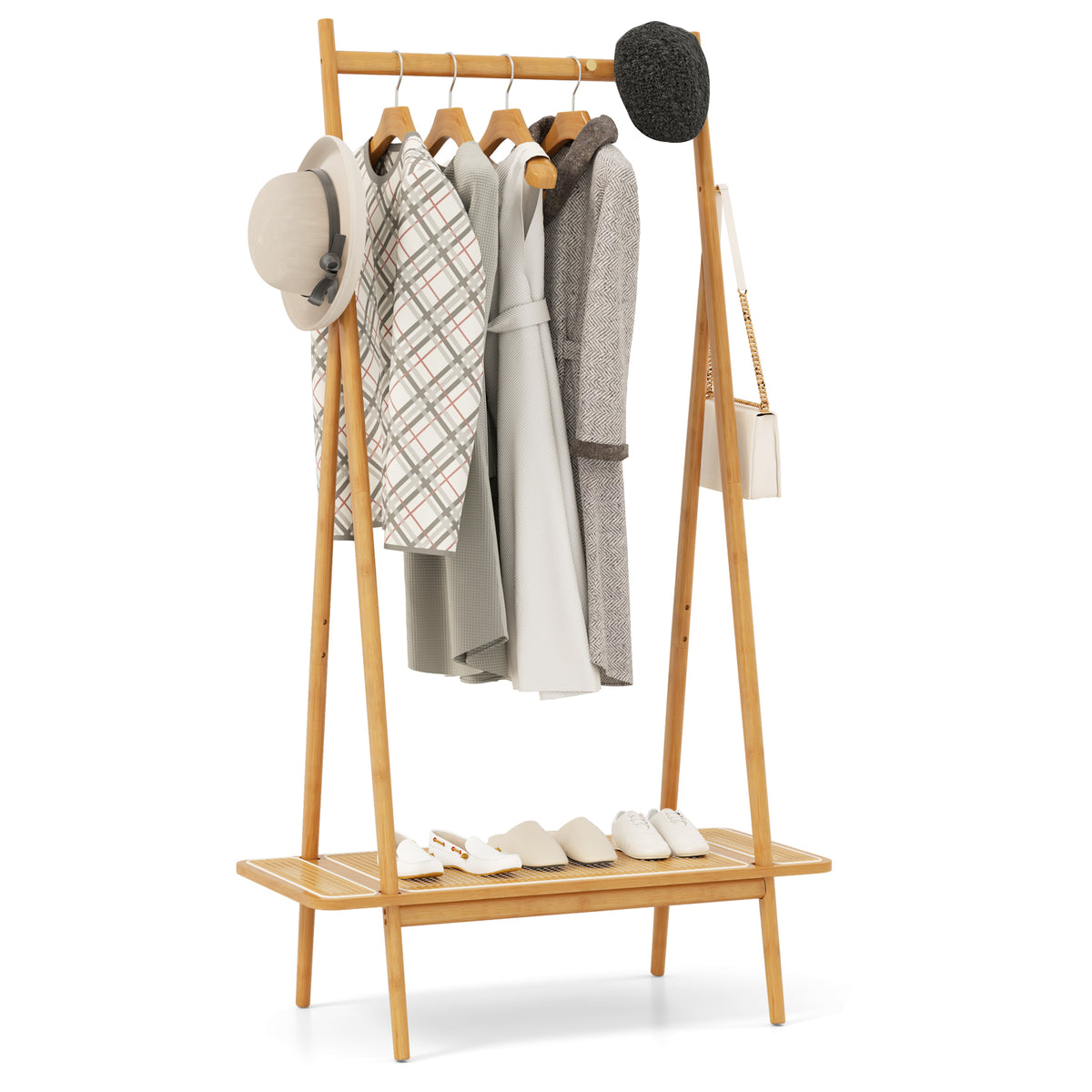 Bamboo Clothes Rack with Hanging Rod Rattan Shelf and Copper Hooks