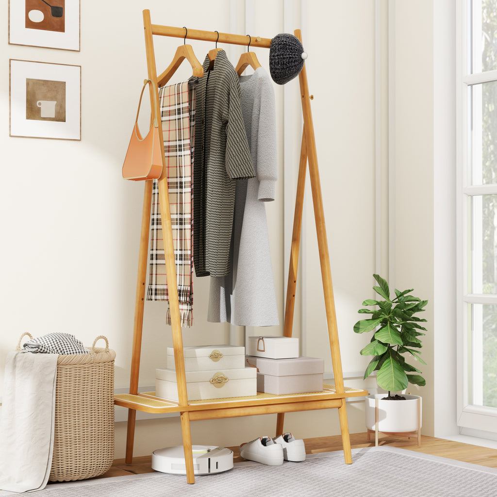 Bamboo Clothes Rack with Hanging Rod Rattan Shelf and Copper Hooks