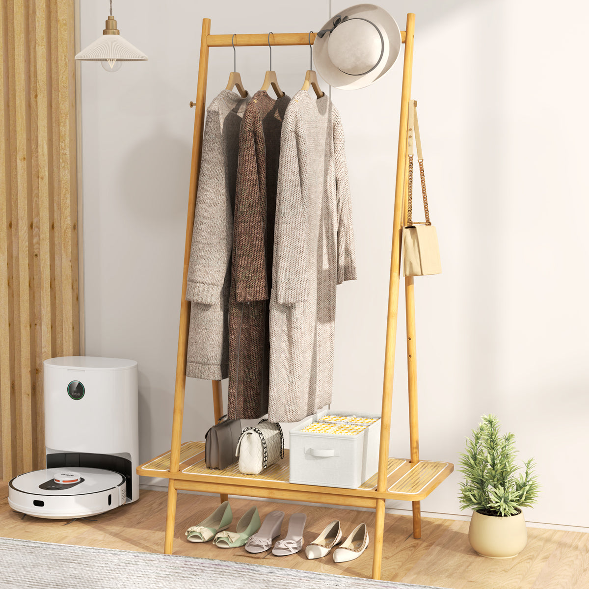 Bamboo Clothes Rack with Hanging Rod Rattan Shelf and Copper Hooks