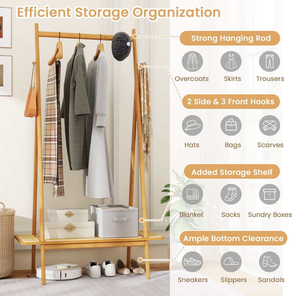 Bamboo Clothes Rack with Hanging Rod Rattan Shelf and Copper Hooks