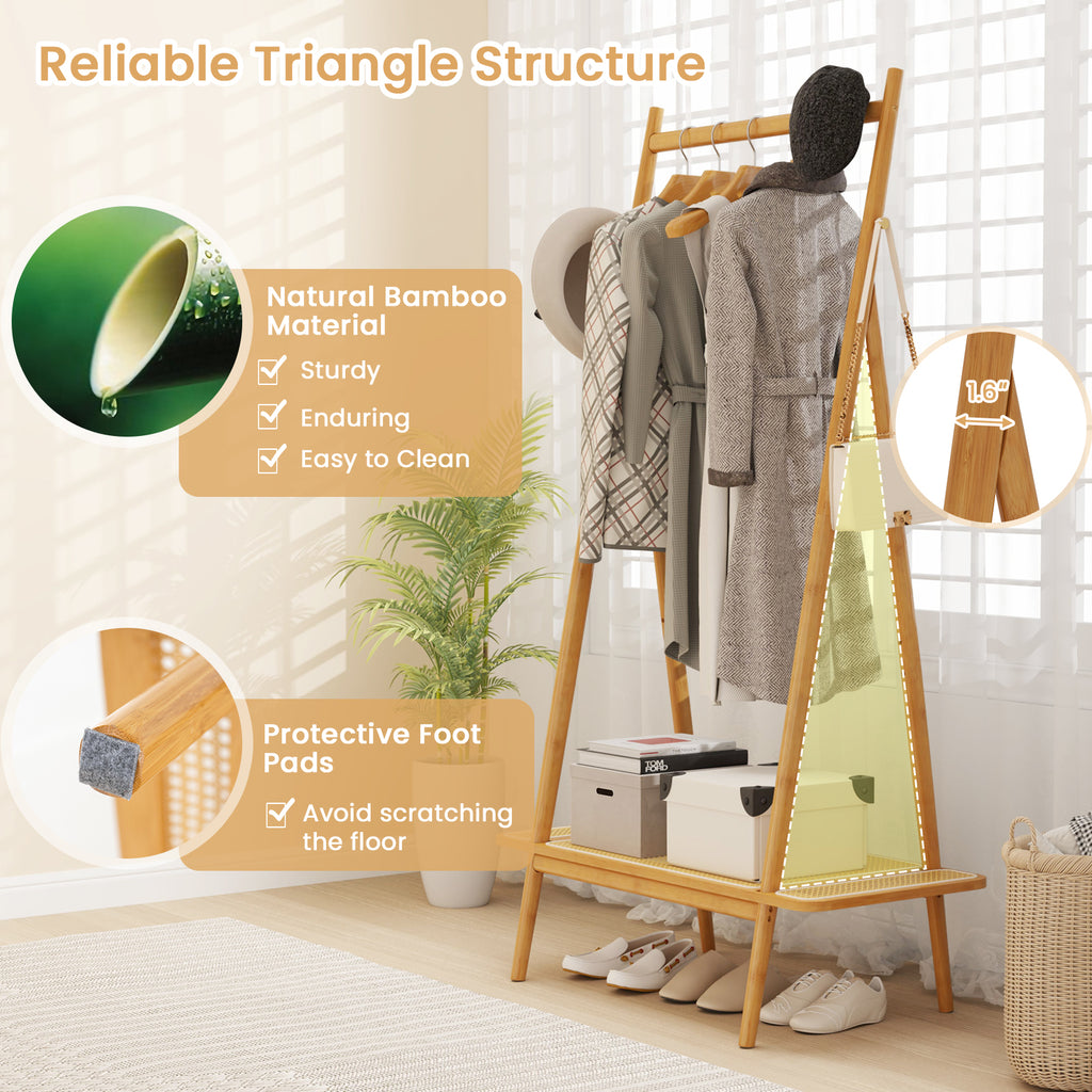 Bamboo Clothes Rack with Hanging Rod Rattan Shelf and Copper Hooks