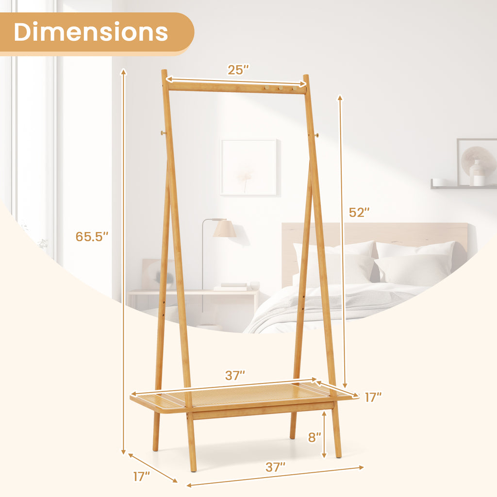 Bamboo Clothes Rack with Hanging Rod Rattan Shelf and Copper Hooks