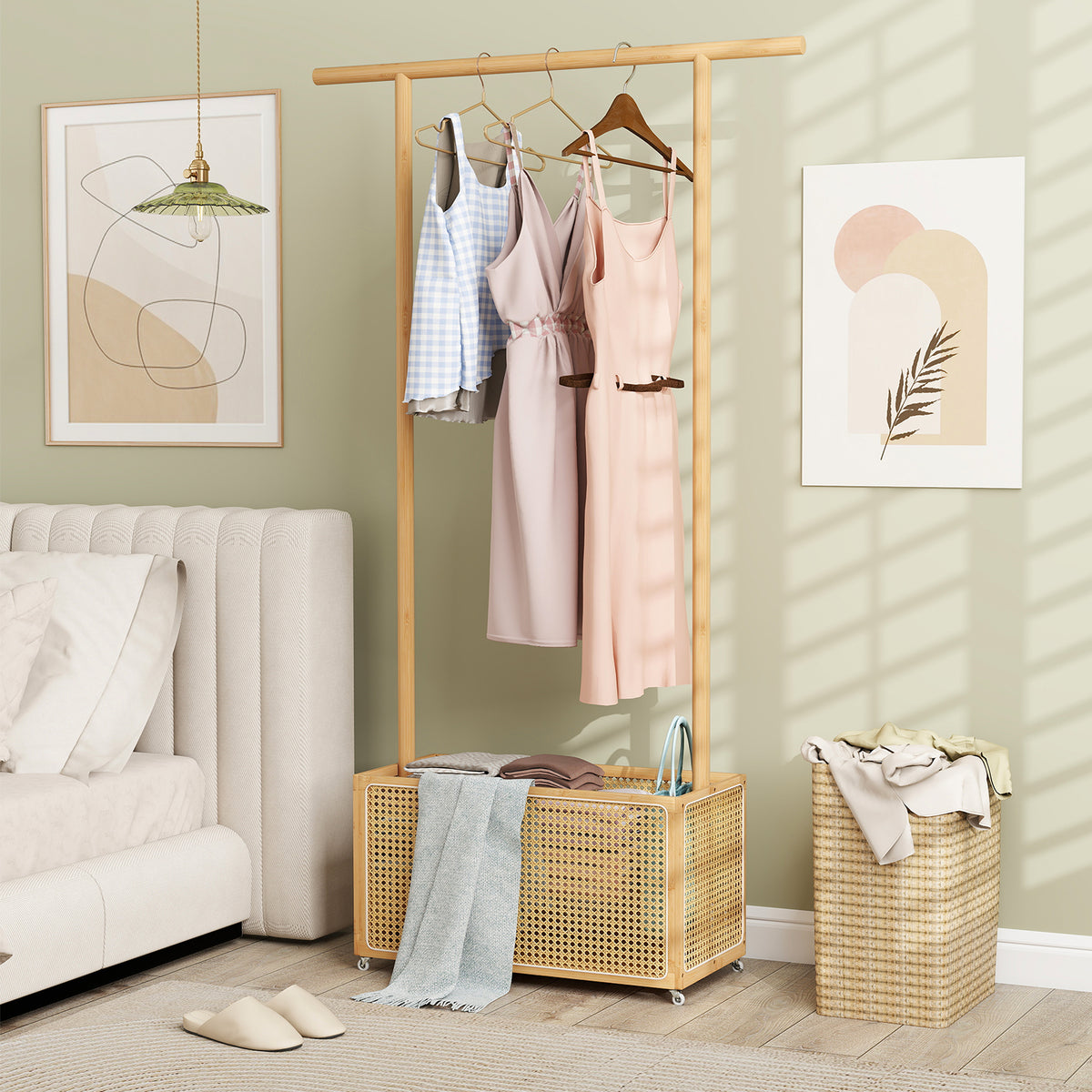 Bamboo Clothes Rack with Rattan Storage Basket and Wheels