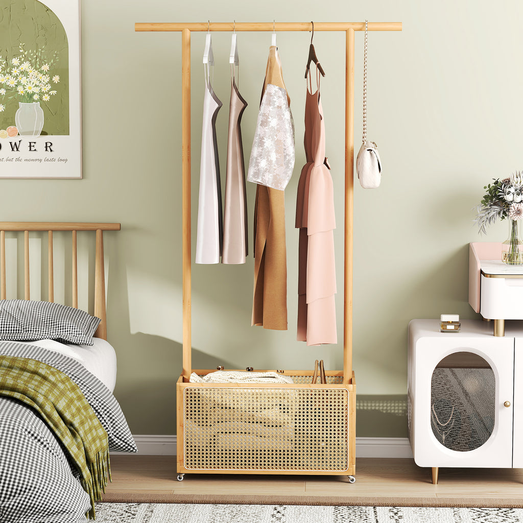 Bamboo Clothes Rack with Rattan Storage Basket and Wheels
